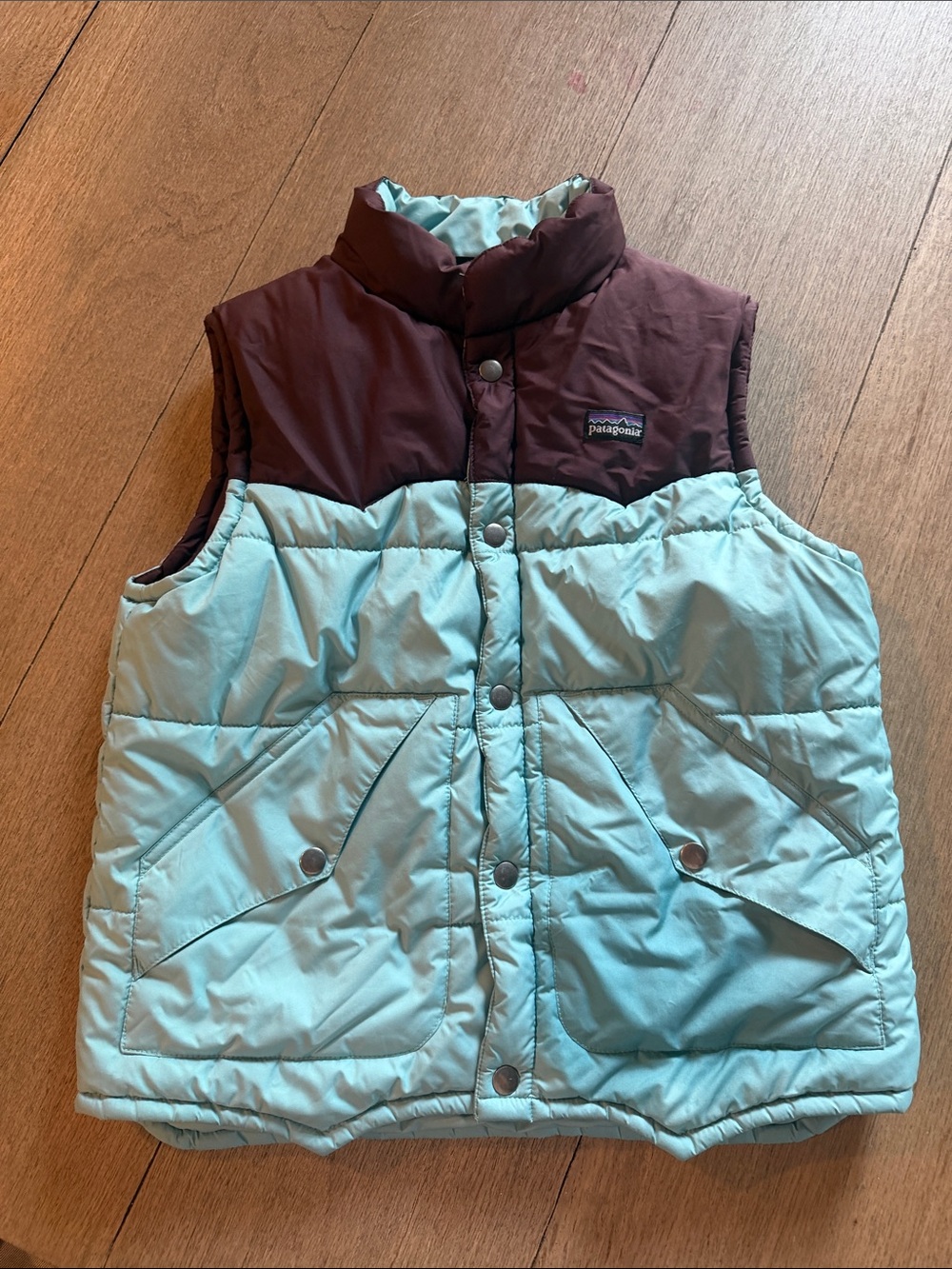Patagonia Kids Two-Tone Puffer Vest in Aqua and Burgundy